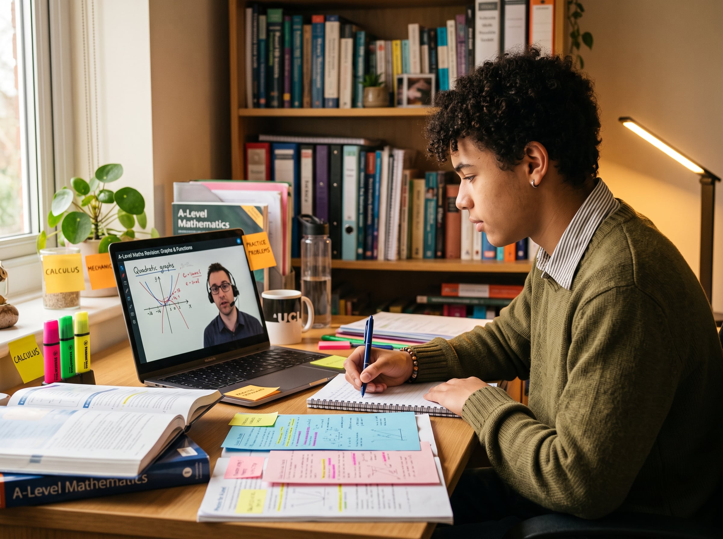 An A-Level student focused during an online tutoring session with a VNN Learning tutor explaining a topic on screen